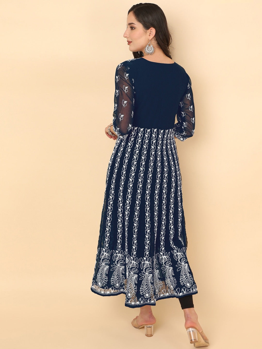 HERE&NOW Women Chikankari Embroidered Thread Work Georgette Anarkali Kurta | Grocsy