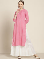 Sangria Women Pink & White Striped Sequin Detail Kurta | Grocsy