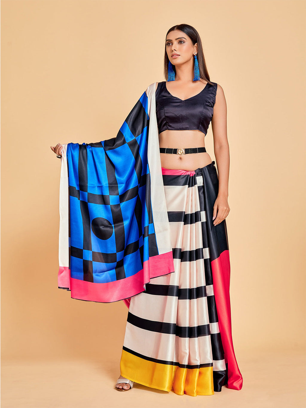 Sangria Blue & Black Striped Satin Ready to Wear Saree | Grocsy
