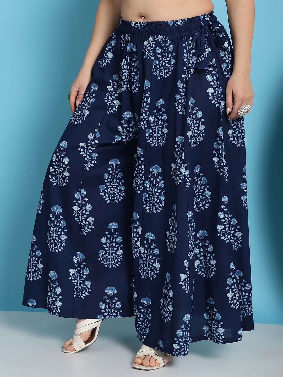 TAG 7 Plus Size Ethnic Motifs Block Printed Pure Cotton Flared Ethnic Palazzo | Grocsy