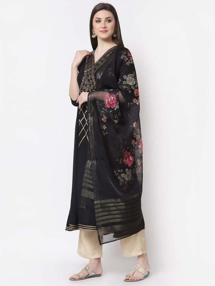Myshka Black Color Rayon Embroidered Kurta With Dupatta Set | Grocsy