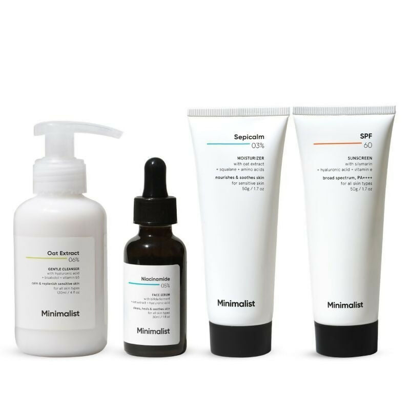 Minimalist Daily Skincare Routine For Sensitive Skin & Damaged Barrier CSMS (Cleanser, Serum, Moisturizer, Sunscreen) Combo | Grocsy
