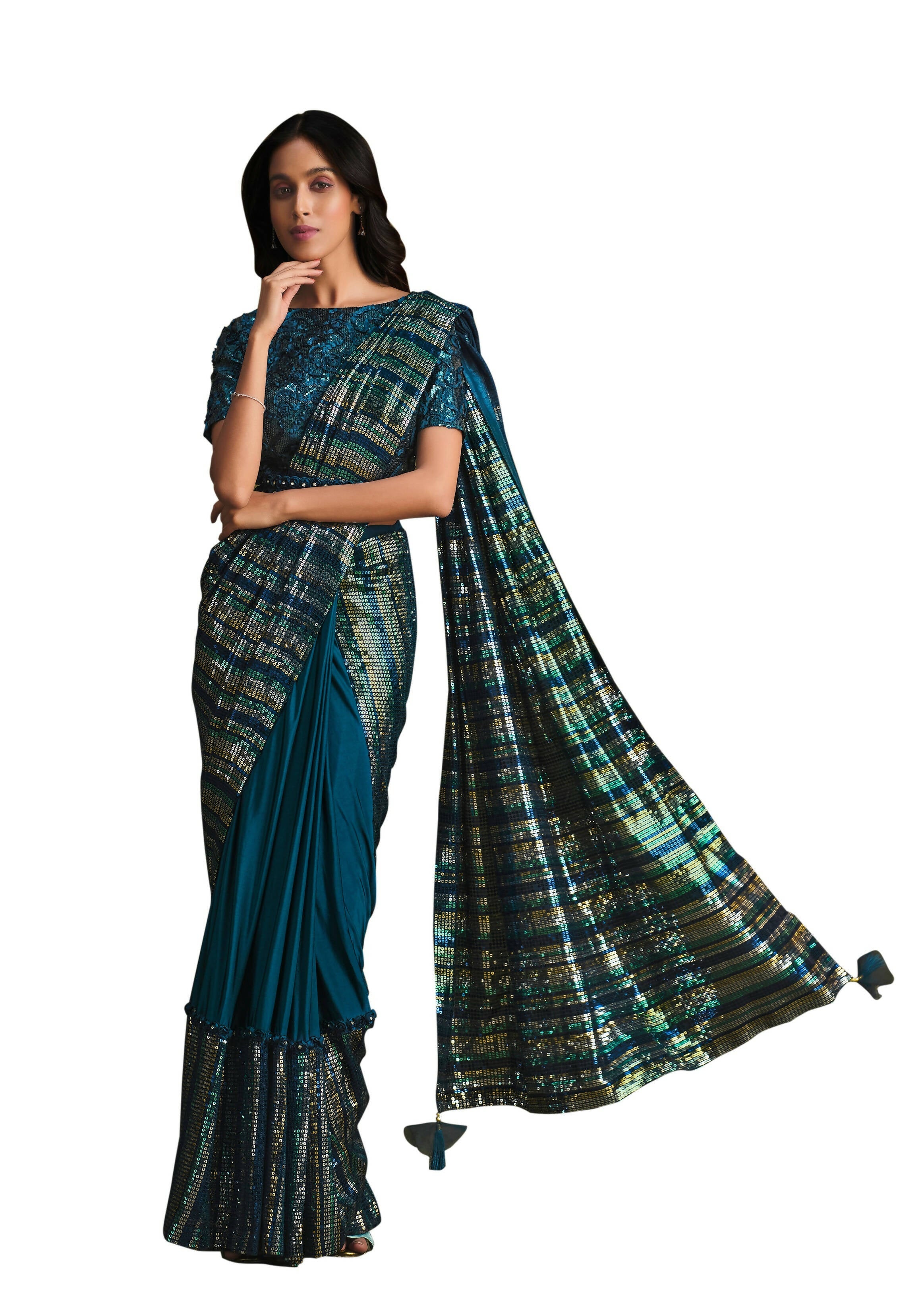 Teal Crystal Silk Sequence Embroidered Saree With Stitched Blouse - Mohmanthan La Belle | Grocsy
