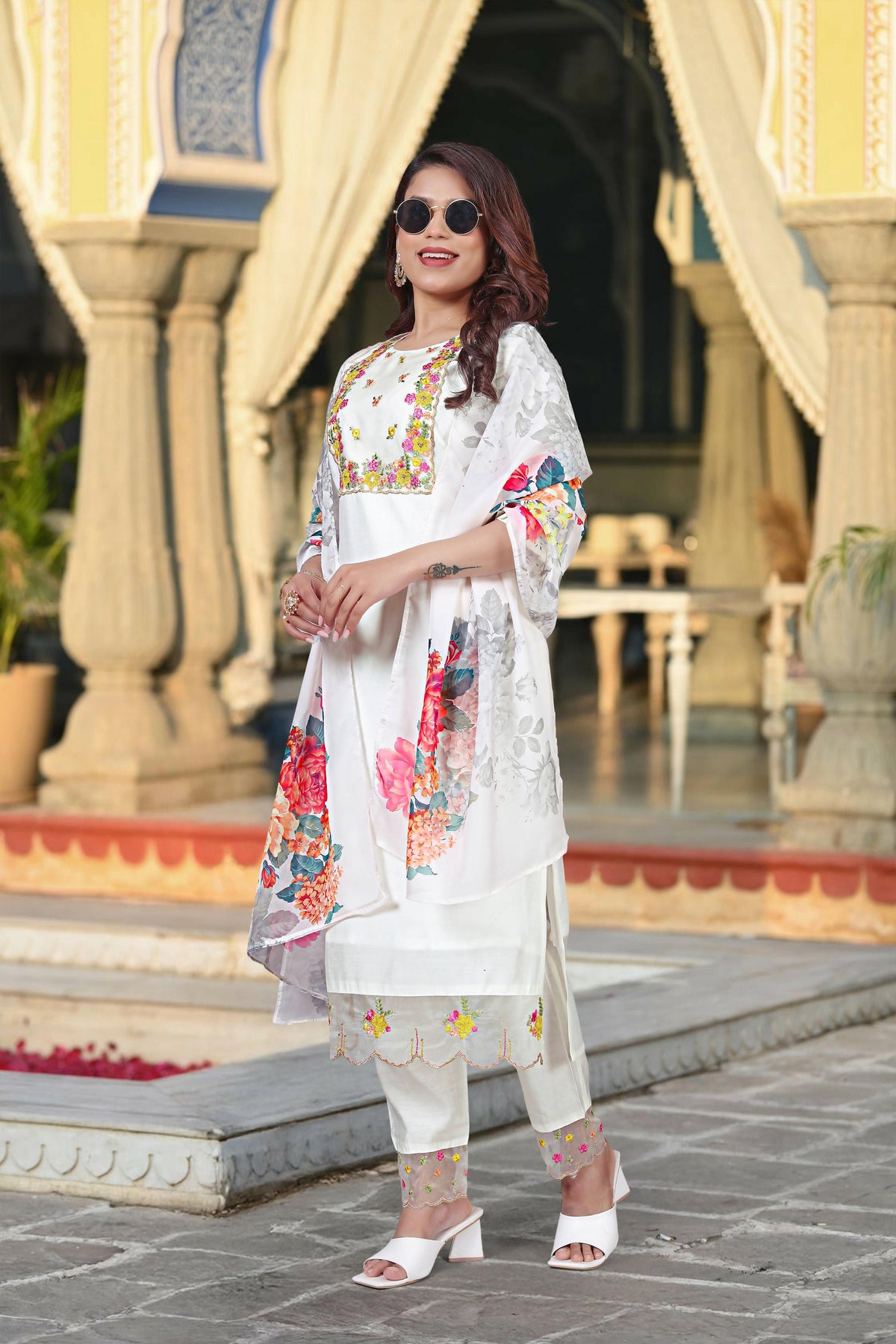 The52 Women's Beautiful Chanderi Fabric Embroidery Work Straight Kurta Pant and Dupatta Set | Grocsy