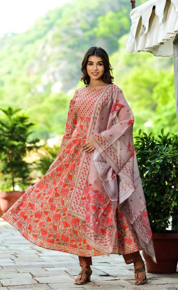 Yufta Women Red Floral Yoke Design Regular Aari Work Pure Cotton Kurta with Trouser & With Dupatta | Grocsy
