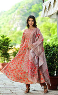Yufta Women Red Floral Yoke Design Regular Aari Work Pure Cotton Kurta with Trouser & With Dupatta | Grocsy