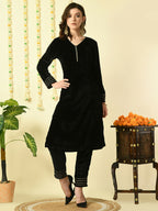 Myshka Women's Black Velvet Kurta With Trousers Party Sets | Grocsy