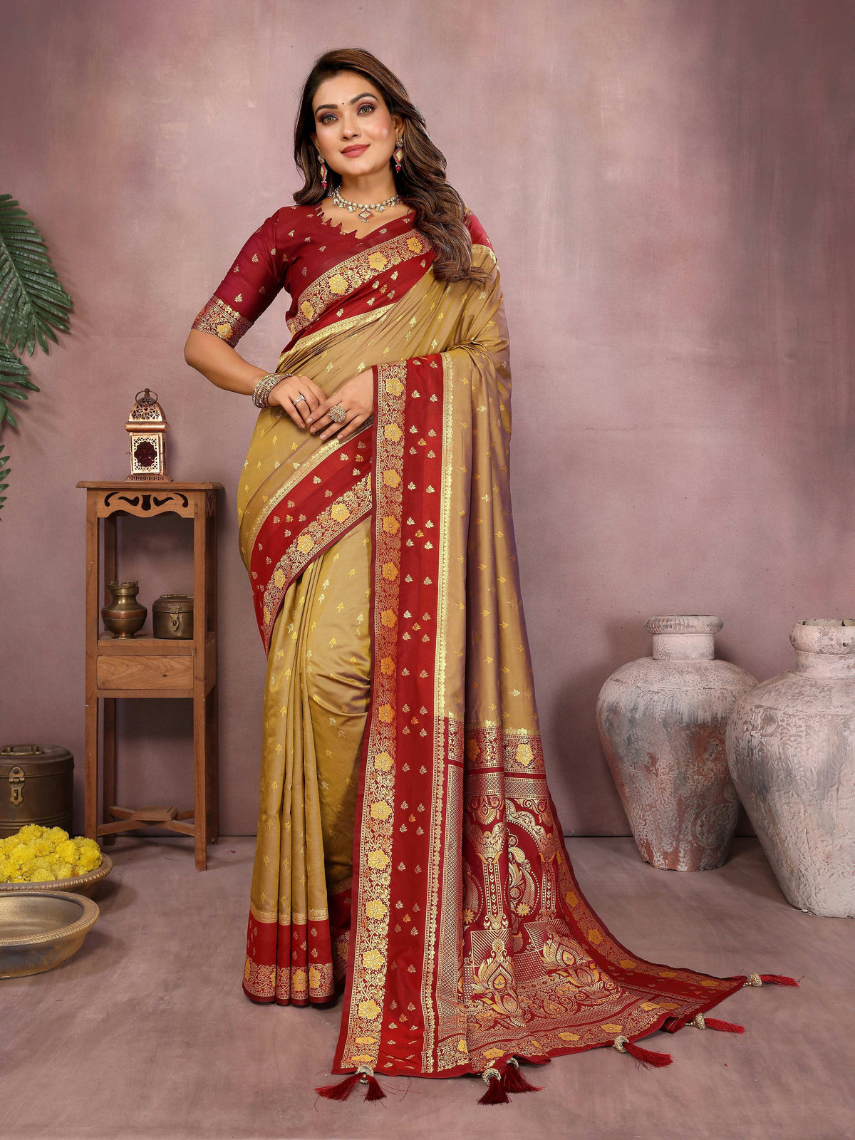 Aastha Fashion Mustard Kalamkari Silk Zari Woven Saree | Grocsy