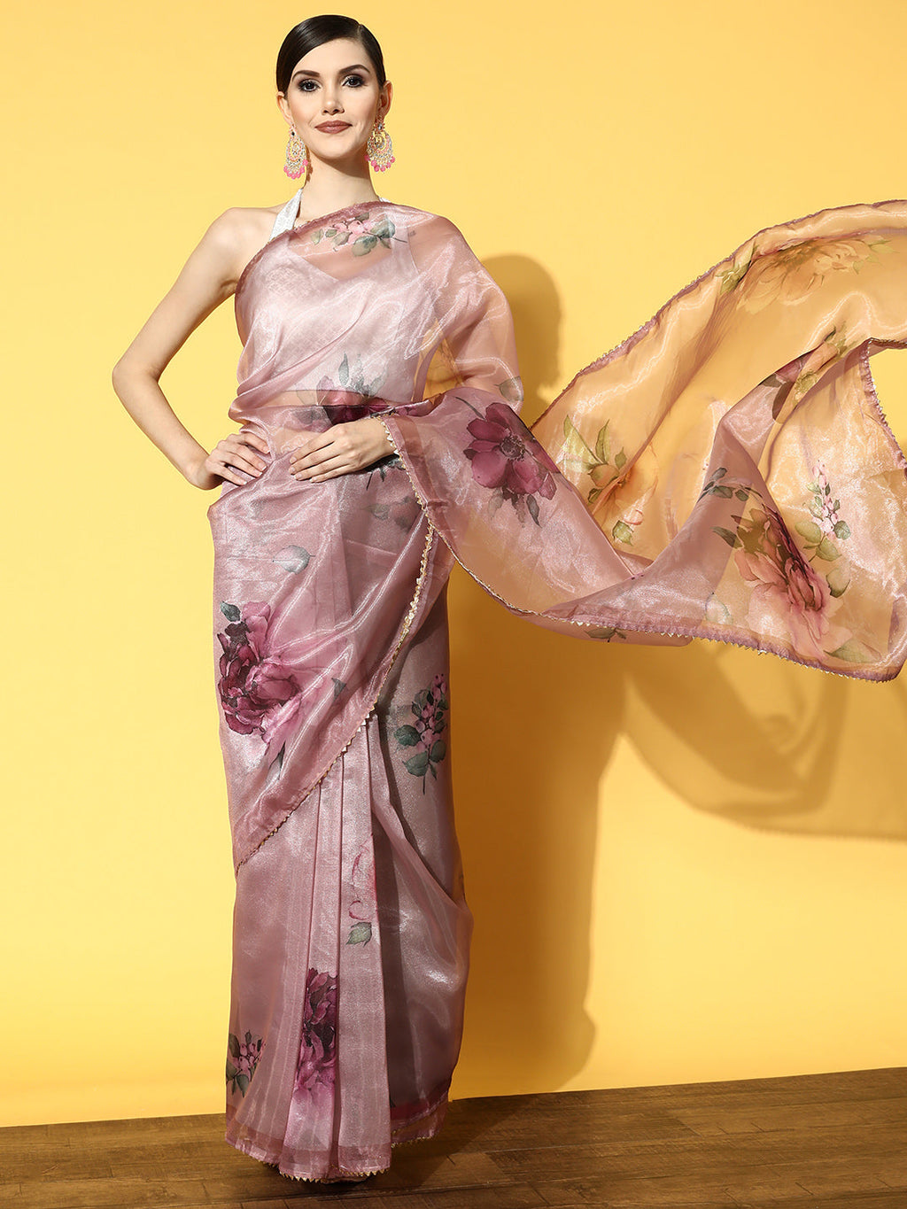Tikhi Imli Pink & Green Floral Organza Saree | Grocsy