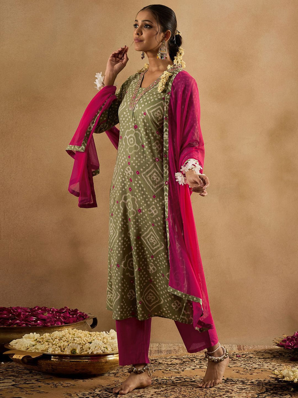 Indo Era Bandhani Printed Pure Cotton Kurta With Trousers & Dupatta | Grocsy