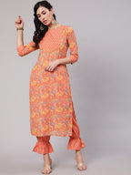 Aks Floral Printed Round Neck Pure Cotton Kurta with Trousers | Grocsy
