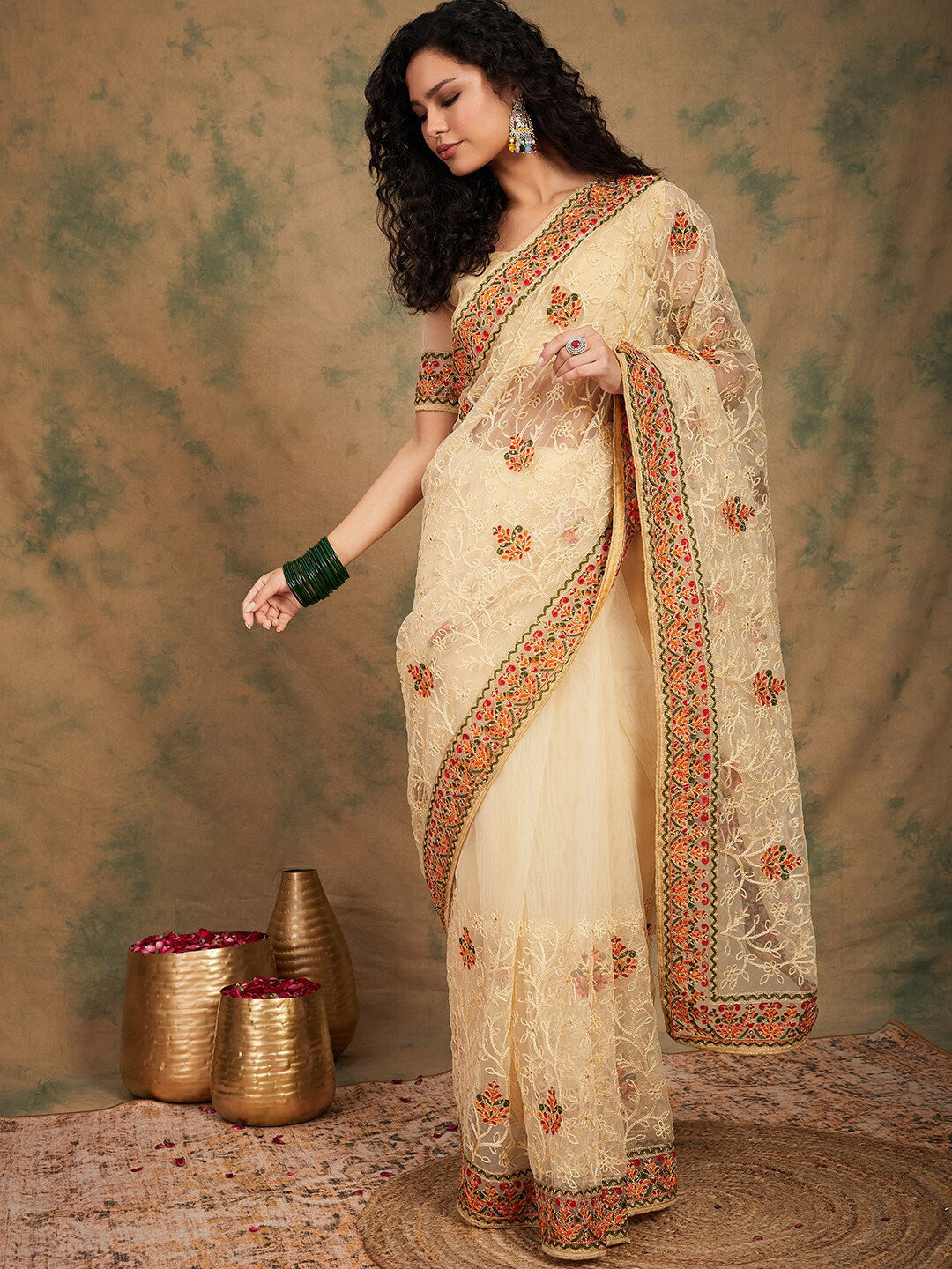 Sangria Yellow Beige Embroidered Net Sarees | Grocsy