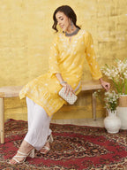 ADA Women Yellow & White Chikankari Embroidered Straight Sustainable Handloom Kurta | Grocsy