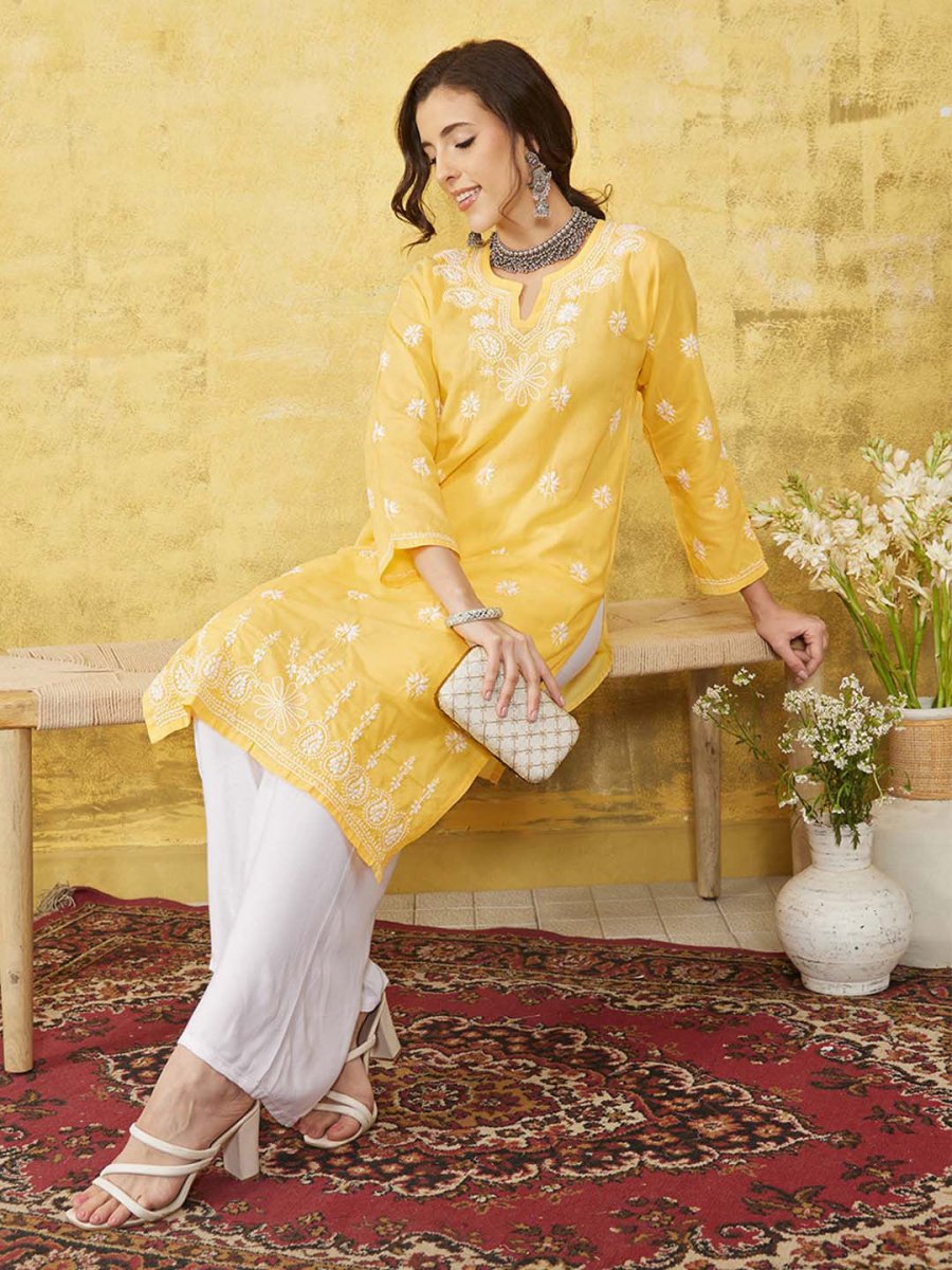 ADA Women Yellow & White Chikankari Embroidered Straight Sustainable Handloom Kurta | Grocsy