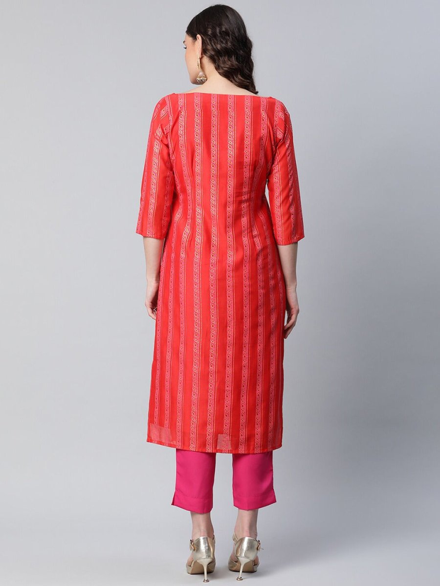 Ahalyaa Women Red Striped Kurta with Trousers | Grocsy