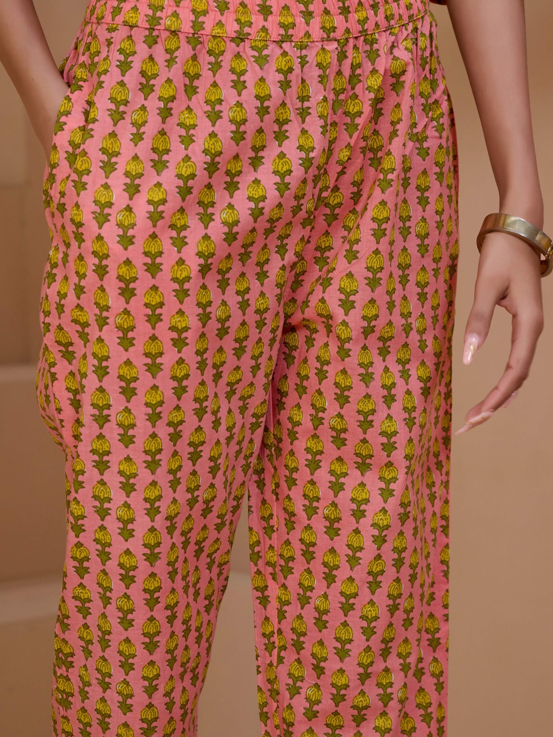 Sangria Yellow & Peach Floral Printed Pure Cotton Straight Kurta With Trousers & Dupatta | Grocsy