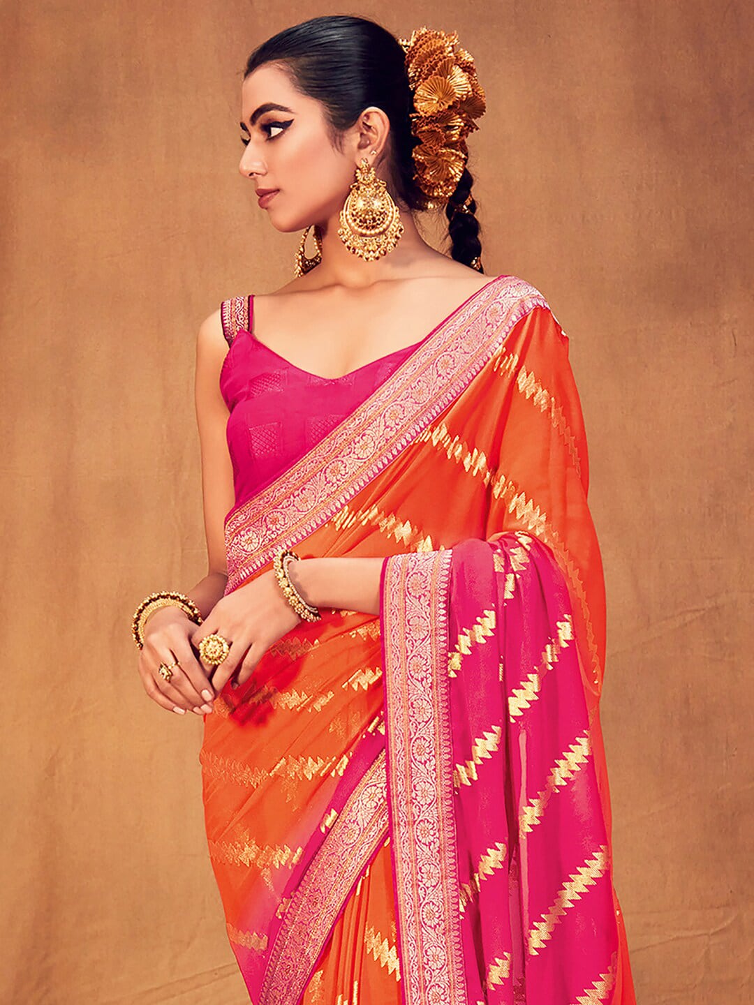 Saree Mall Striped Woven Design Zari Pure Georgette Sarees | Grocsy