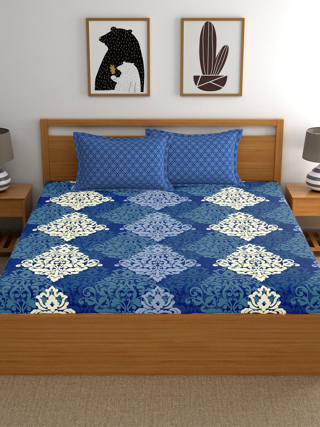 My Room Navy Blue & Yellow Ethnic Motifs 140 TC King Bedsheet with 2 Pillow Covers | Grocsy