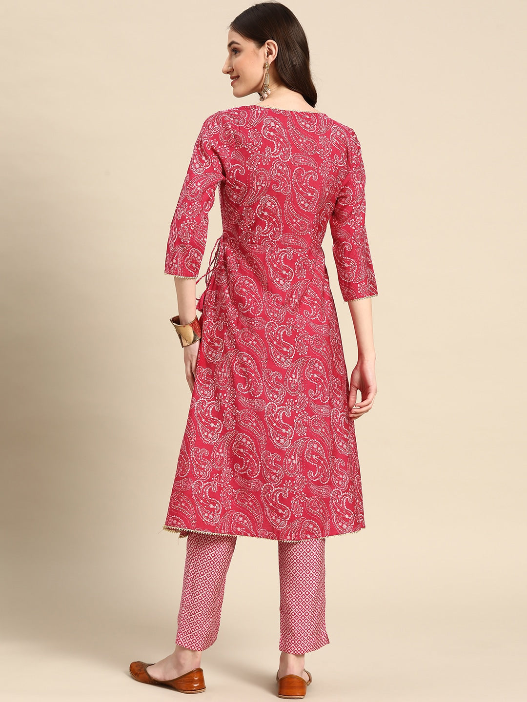 Sangria Women Fuchsia Ethnic Motifs Printed Angrakha Gotta Patti Kurta with Trousers | Grocsy