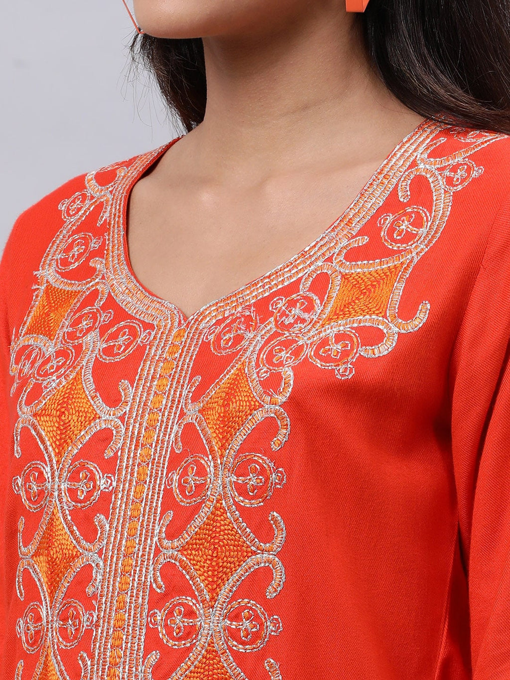 Souchii Orange Ethnic Motifs Thread Work Grandeur & Majestic Artwork Kurta | Grocsy