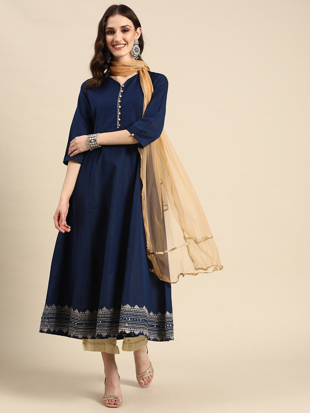 Sangria Women Navy Blue & Beige Embroidered Anarkali Kurta with Dupatta | Grocsy