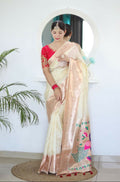 Cream Woven Jacquard Designer Embroidery Work Party Wear Saree - Parampara | Grocsy