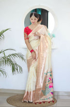 Cream Woven Jacquard Designer Embroidery Work Party Wear Saree - Parampara | Grocsy
