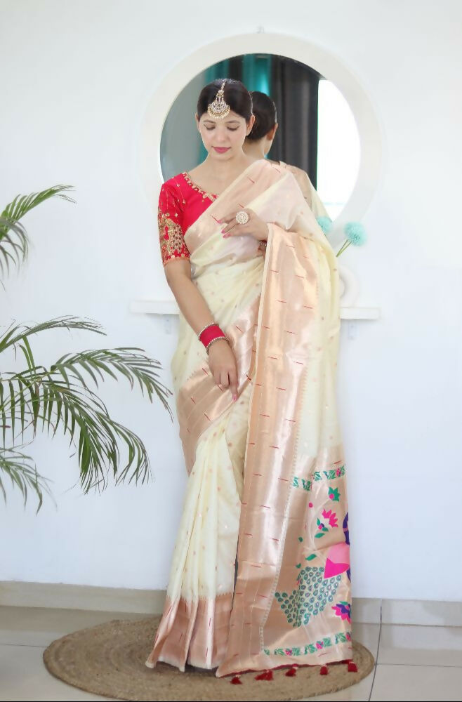 Cream Woven Jacquard Designer Embroidery Work Party Wear Saree - Parampara | Grocsy