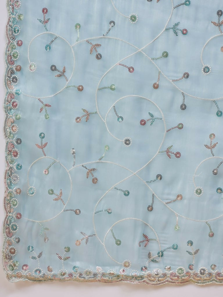 Blue Organza Sequence Embroidered Saree with Unstitched Blouse - Satya | Grocsy