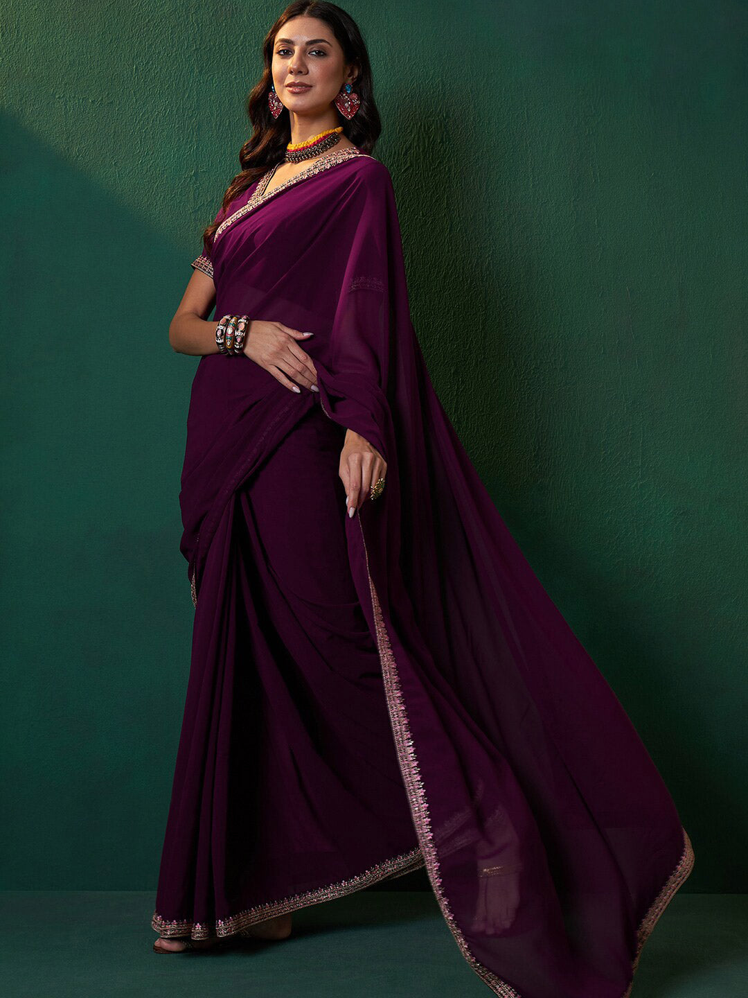 Sangria Embroidered Bordered Sarees | Grocsy