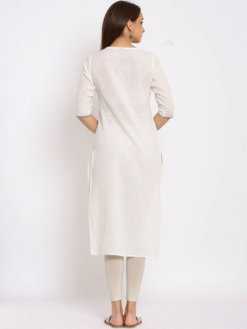 HERE&NOW White & Maroon Geometric Yoke Design Thread Work Straight Kurta | Grocsy