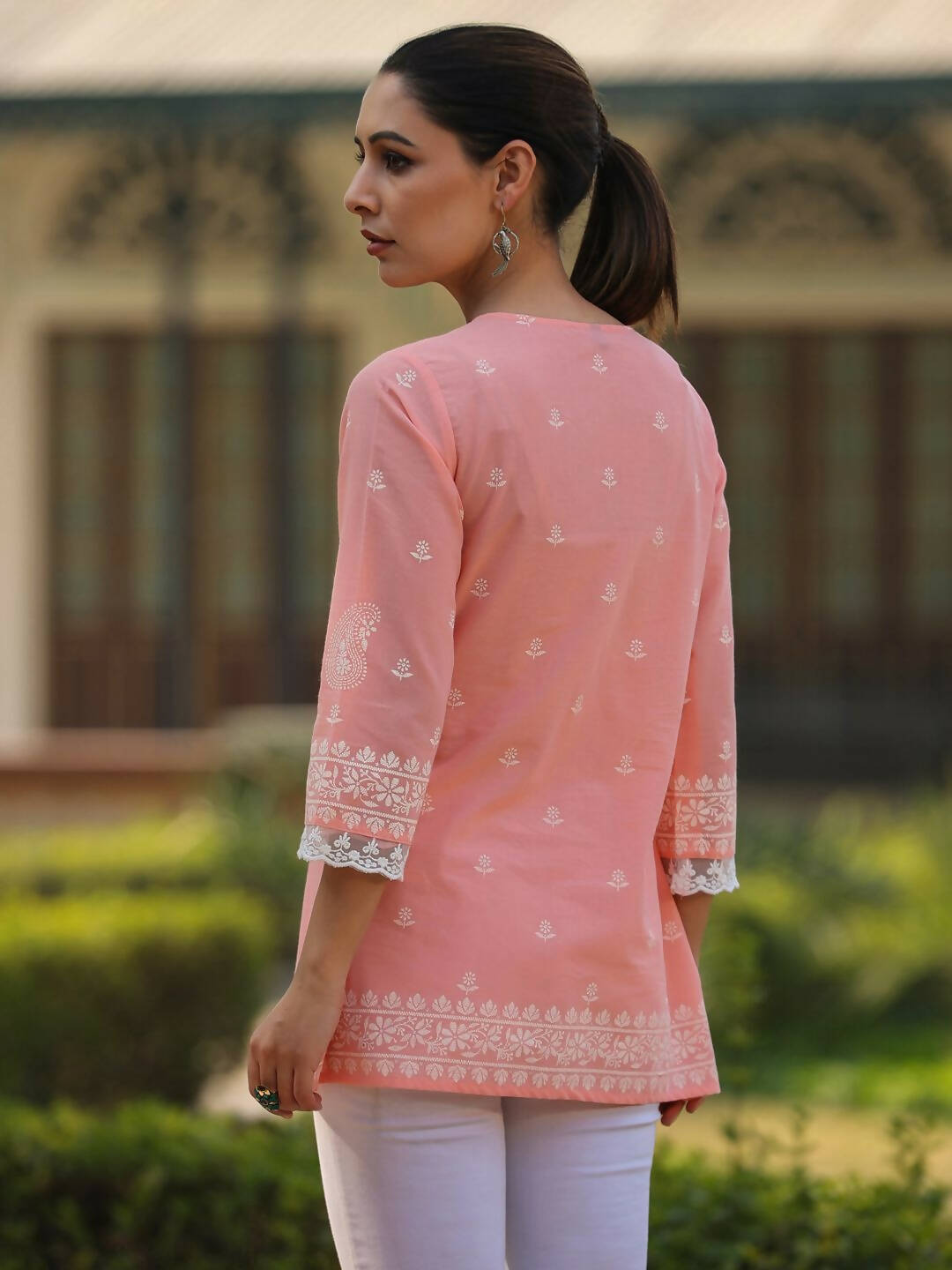Juniper Women's Peach Cambric Floral Printed Tunic | Grocsy