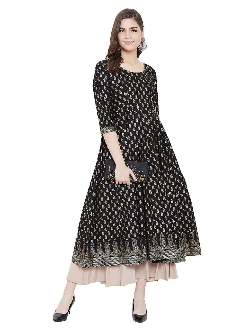 Cheera Embellished Daily Wear Cotton Blend Kurta - Black | Grocsy