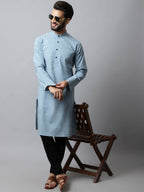 Even Apparels Blue Color Cotton Pure Cotton Men's Kurta With Side Placket (SLD1156) | Grocsy