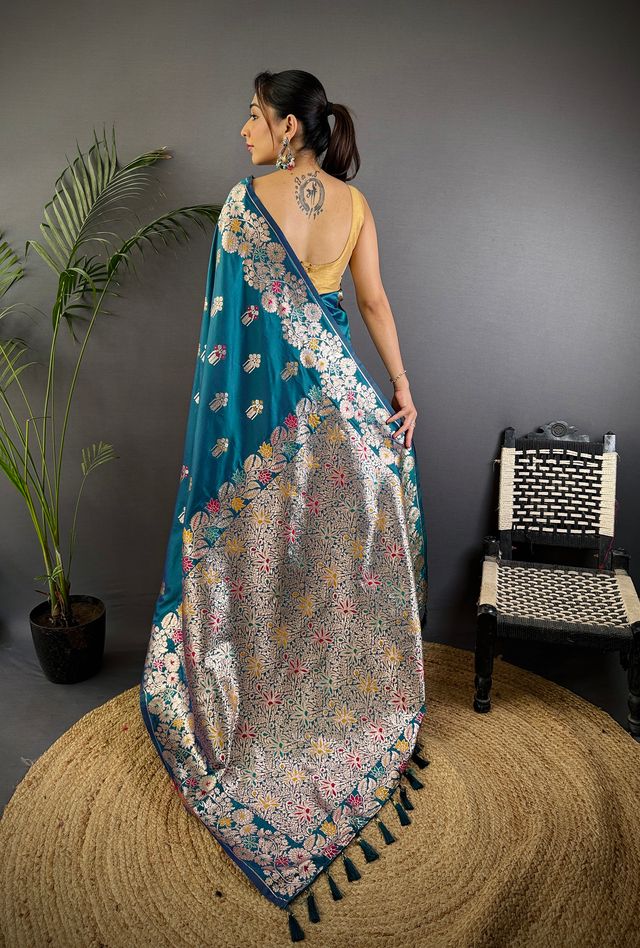 Elora Royal Blue Soft Silk Floral Zari Weaving Meenakari Saree With Floral Border | Grocsy