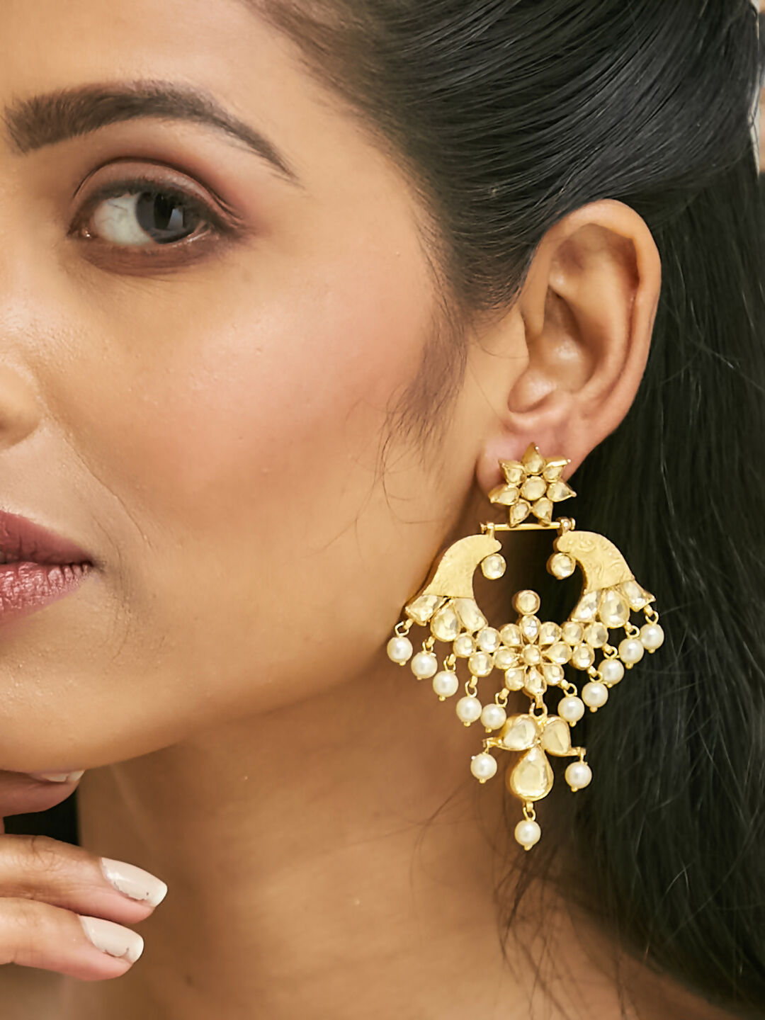 Nuyug 22K Gold-Plated Kundan and Pearl Earrings with Floral Stud and Intricate Crescent Design Chandbalis | Grocsy