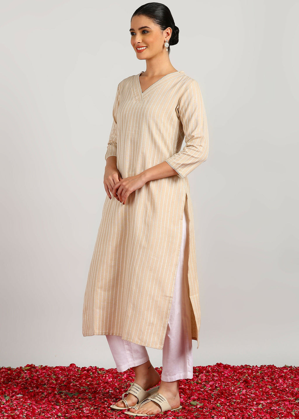 Aavyora Women's Beige Woven Striped V-Neck Kurta | Grocsy