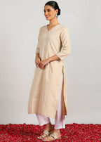 Aavyora Women's Beige Woven Striped V-Neck Kurta | Grocsy