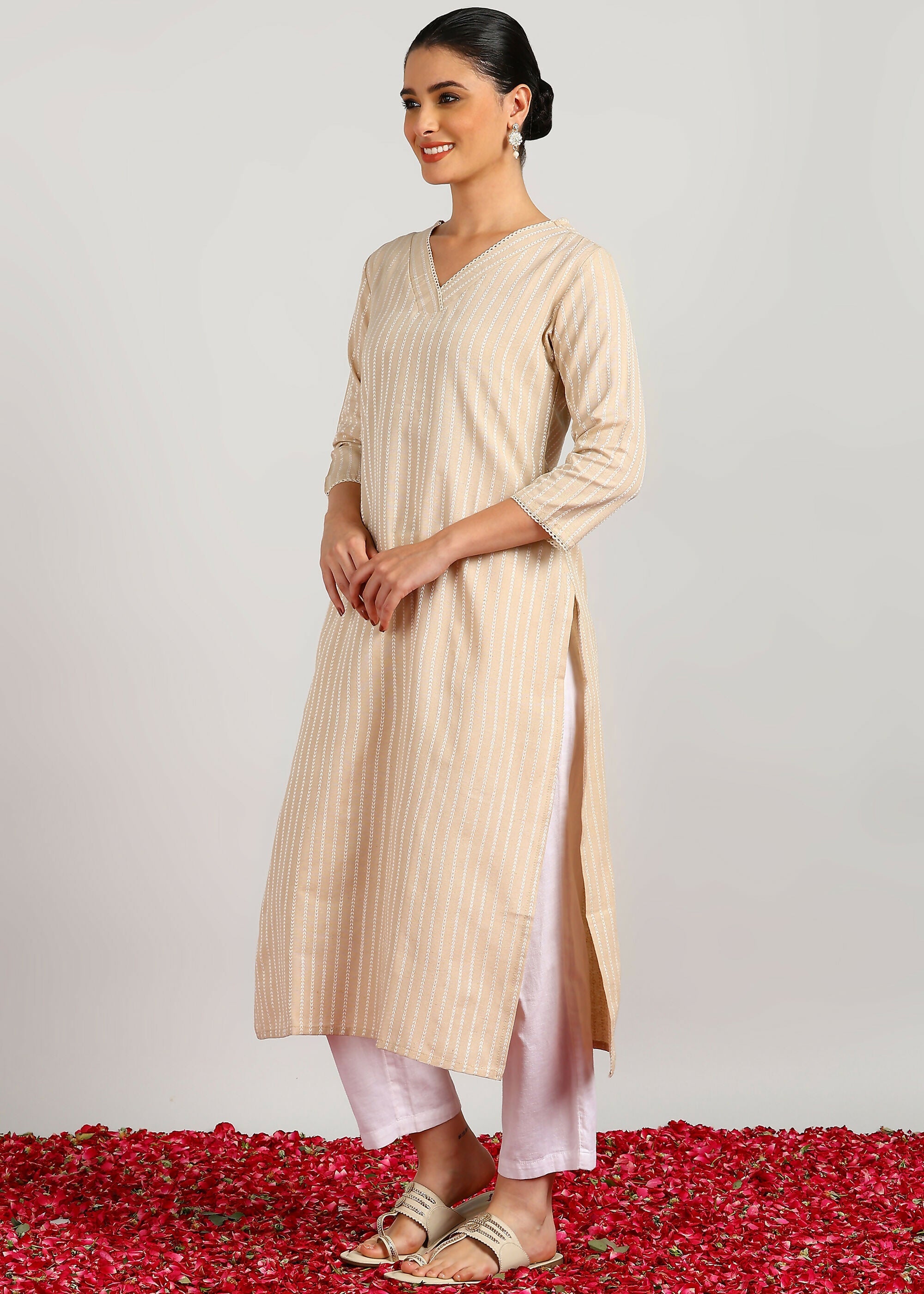Aavyora Women's Beige Woven Striped V-Neck Kurta | Grocsy