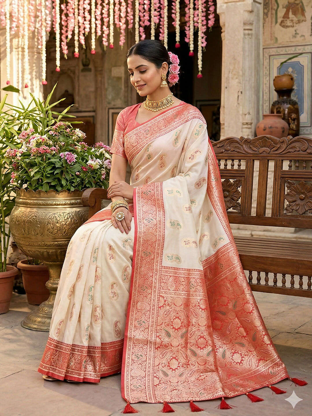 Shree Shyam Fashion White Silk Blend Saree | Grocsy