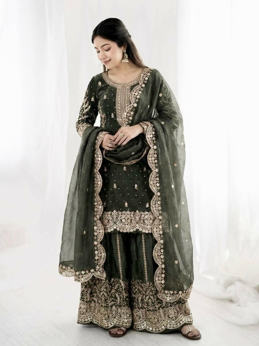 Teeya Creation Womens New Trendy Embroidery Coding And Sequence Work Grey Kurta Set | Grocsy