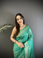 Joban Fashion Teal Floral Motifs & Ethnic Design Soft Satin Silk Kanchipuram Saree | Grocsy