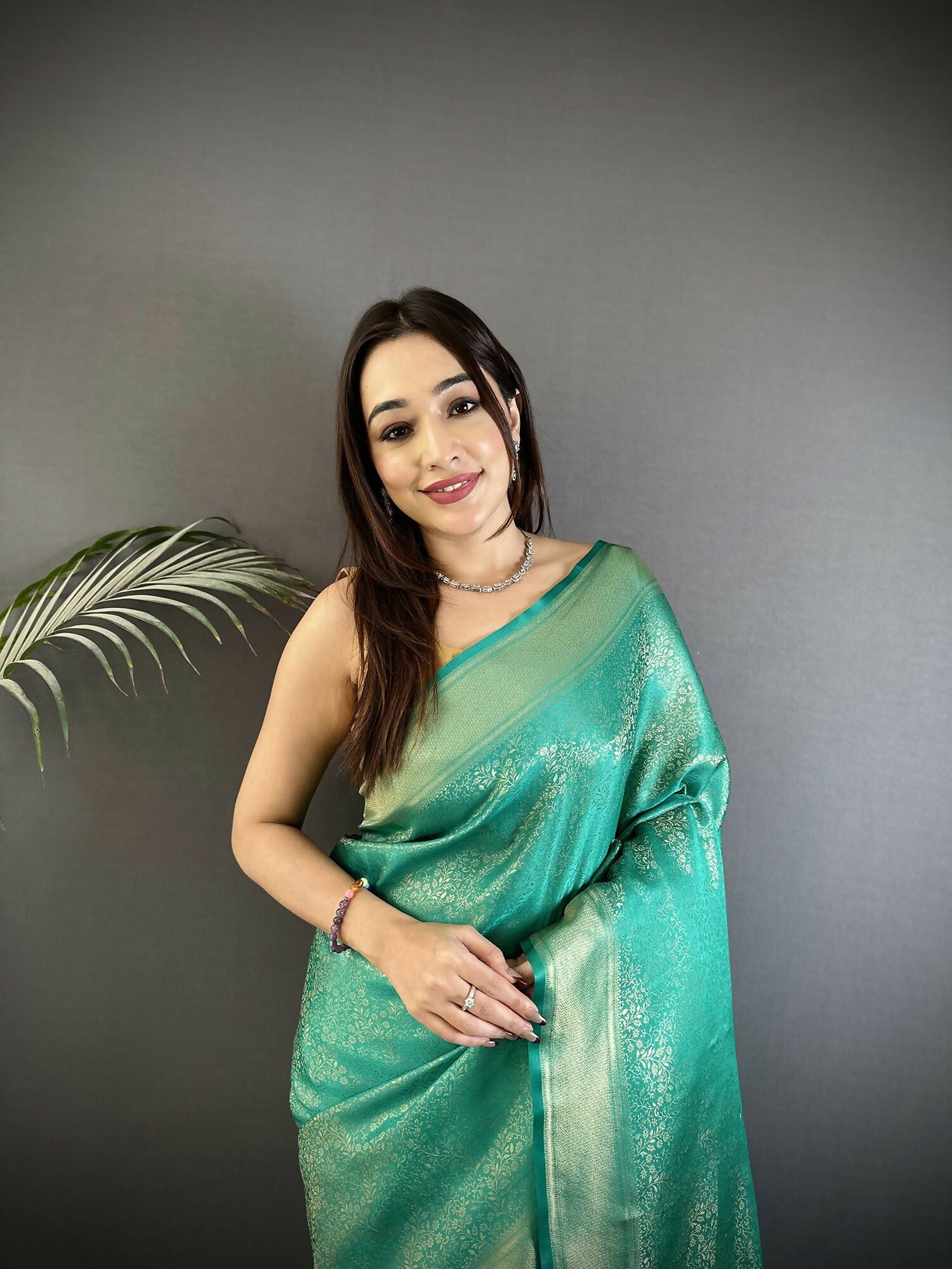Joban Fashion Teal Floral Motifs & Ethnic Design Soft Satin Silk Kanchipuram Saree | Grocsy