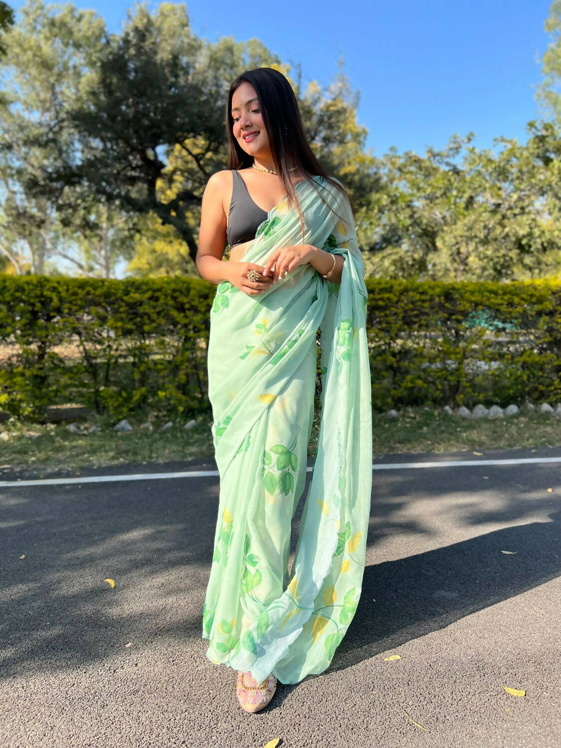 Vamsee Green Chiffon Designer Saree | Grocsy