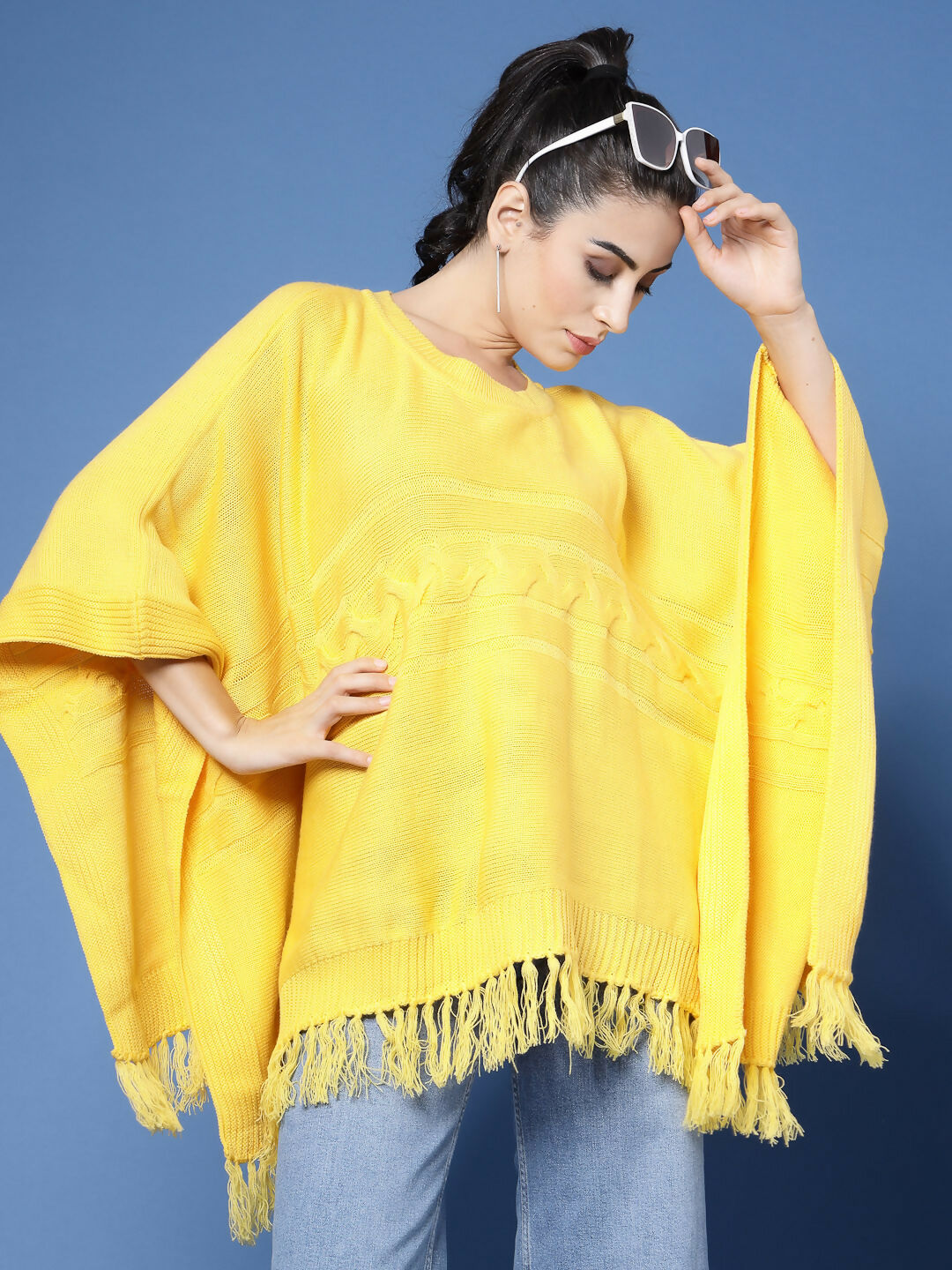 Women Yellow Acrylic Self Design Poncho - Wool Trees | Grocsy