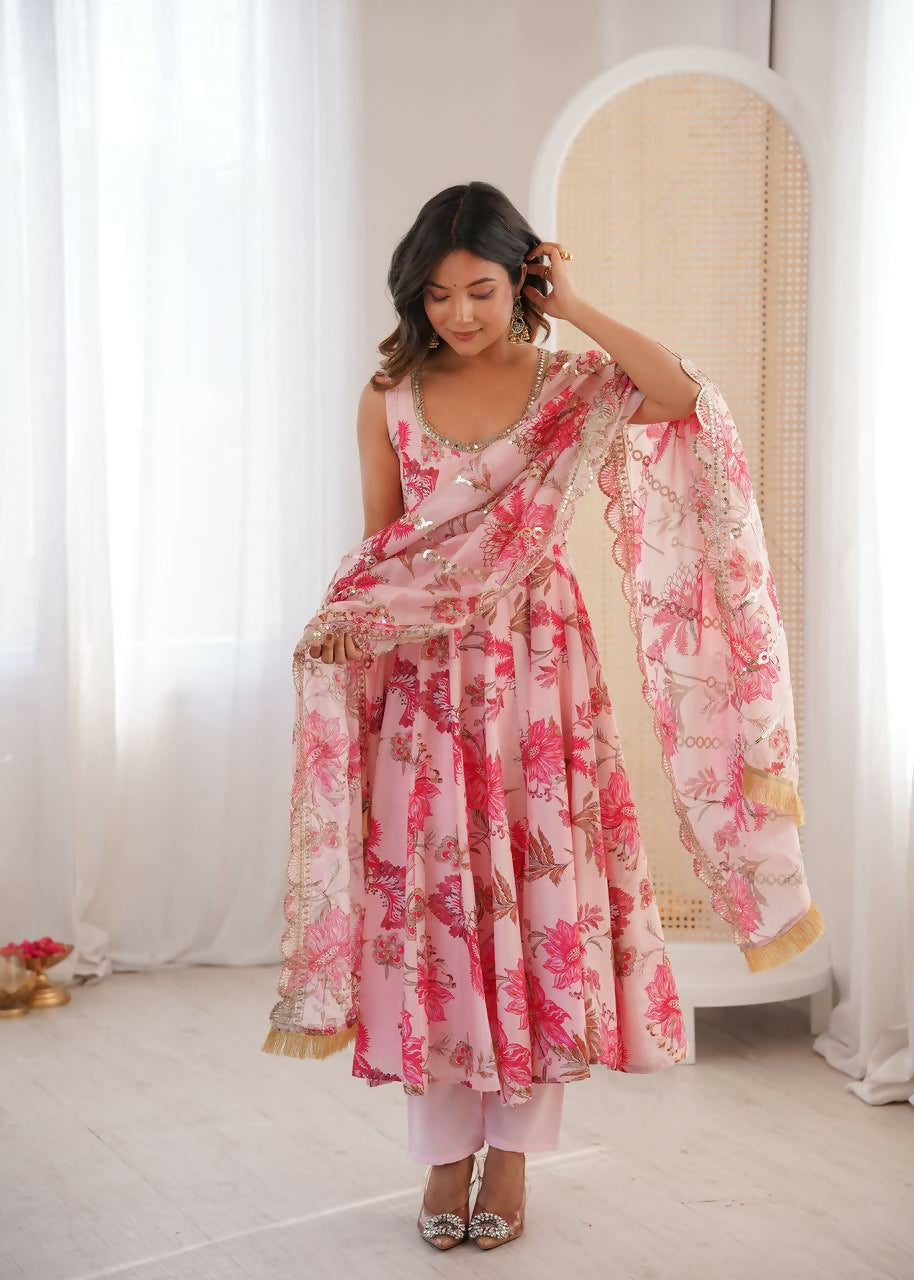 Teeya Creation Pink Pure Muslin Silk Digital Print Traditional Wear Long Gown | Grocsy