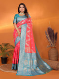 Joban Fashion Banarasi Tomato Red Woven Soft Silk Saree | Grocsy
