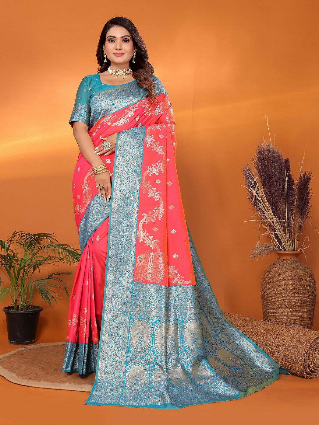 Joban Fashion Banarasi Tomato Red Woven Soft Silk Saree | Grocsy