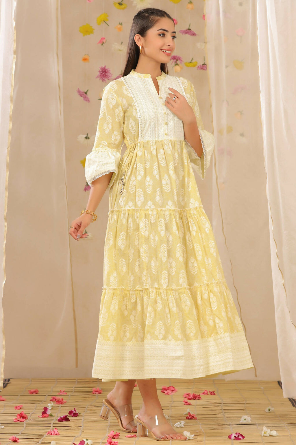 Juniper Womens Limeyellow Cambric Printed Tiered Dress With Flared Sleeve | Grocsy