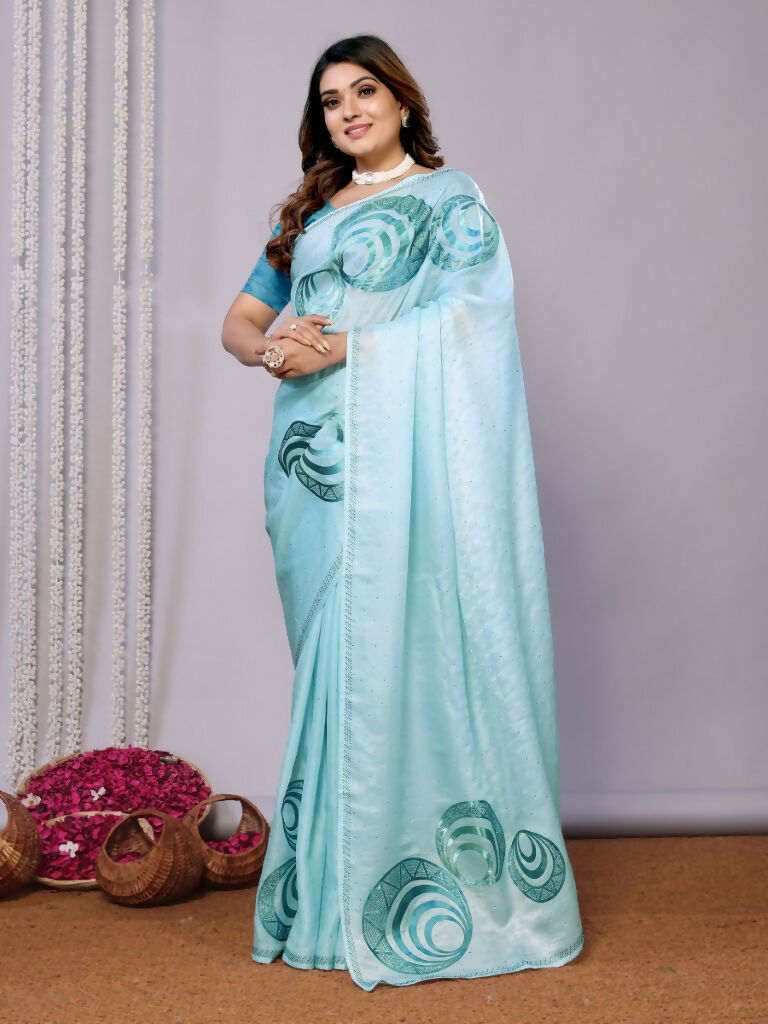 Sky Blue Organza Crepe Printed Stone Work Saree - Norita Saumya | Grocsy